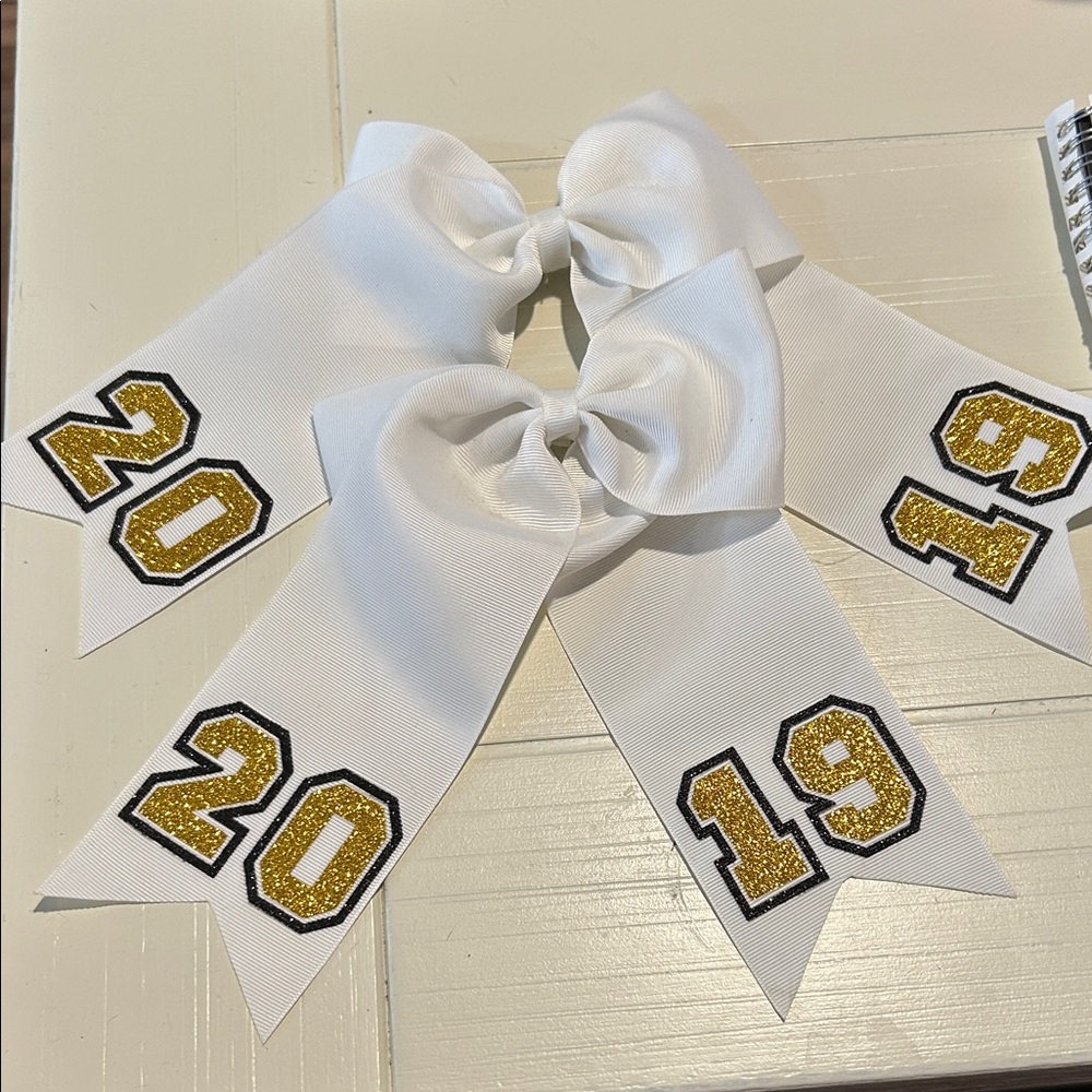 White Cheer Bows with Gold Glitter Numbers